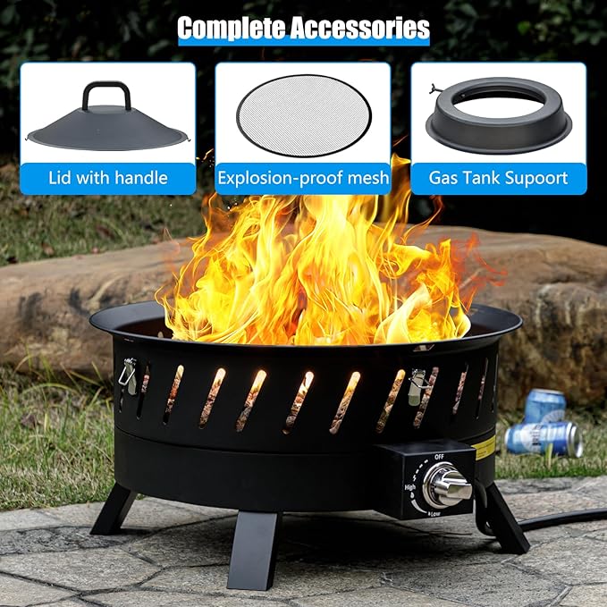 EcoNook 22 inch Portable Propane Fire Pits, Gas Fire Pit Bowl for Outside with Lid & Handle, Smokeless Gas Firebowl,Propane Firepit for Camping, Patio, Yard, Garden
