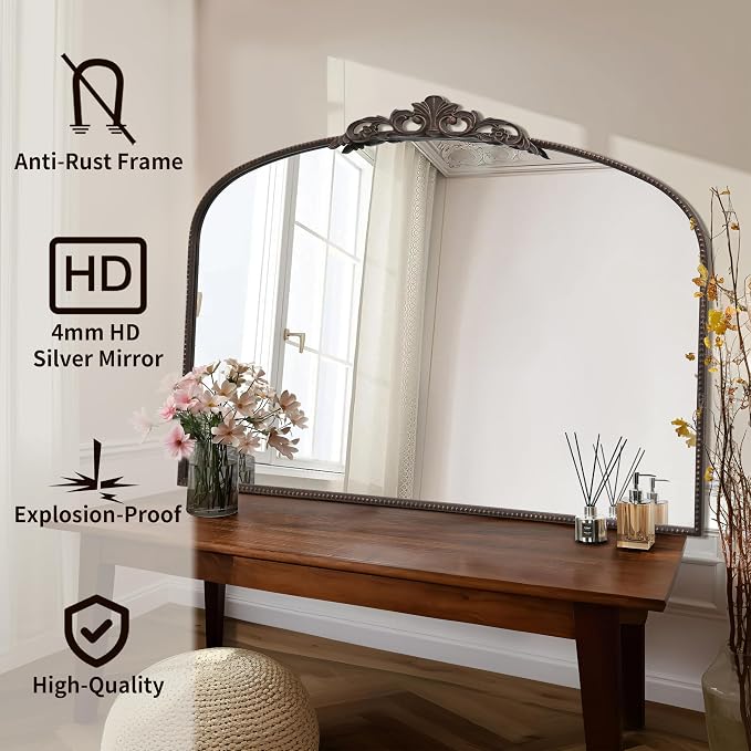 Micasso Large Bronze Vintage Mirror: 48"x33" French Baroque Antique Arched Mirror - Traditional Ornate Decorative for Wall/Fireplace/Mantel/Entryway/Bathroom/Hallway - Home Decor for Living Room