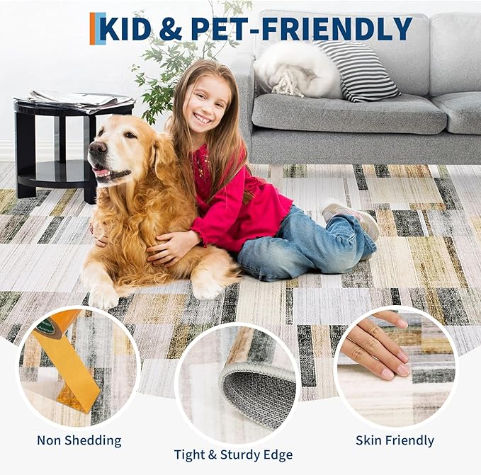 Washable Area Rugs 9 x 12 Rug for Living Room Geometric Modern Rug Non Slip Throw Rugs Large Bedroom Rugs Low Pile Stain Resistant Carpet for Dining Room Nursery 9'x12' Khaki&Grey