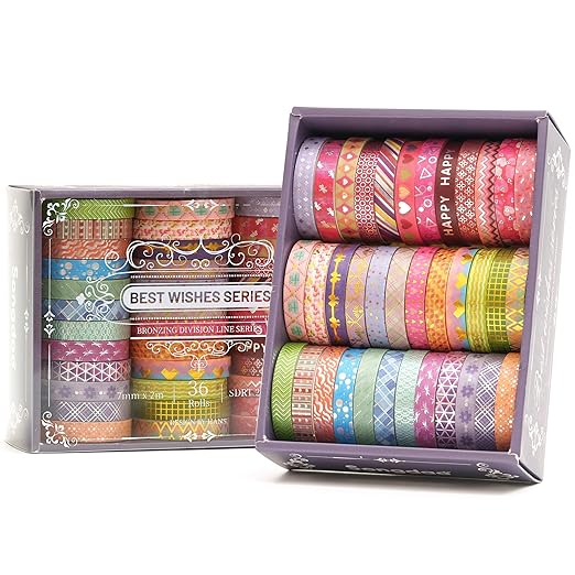 Songdao 36 Rolls Skinny Washi Tape Set Gold Foil Detailing Arts Adhesive Tapes Basic Patterns Decorative Masking Tape Sets for Craft, Kids, Scrapbook, DIY, Gift Wrapping (Kawaii)