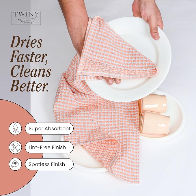 TWINY threads Circle Waffle Dish Towels 4 Pack, 16x26 Inches, 100% Cotton, Soft, Breathable, Durable, High Absorbency Dishcloth Set, Perfect for Daily Kitchen Use, Drying Glassware, Light Orange