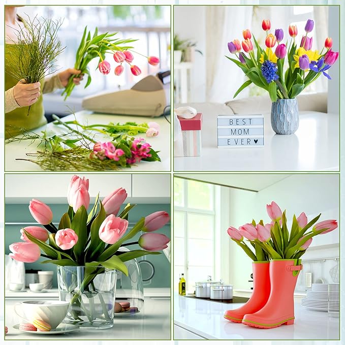 Janinka 100pcs Artificial Tulip Flowers Fake PU Tulips Faux Latex Bouquet Flower Centerpieces Arrangement Floral for Mother Day Wedding Spring Decorations (Light Pink)