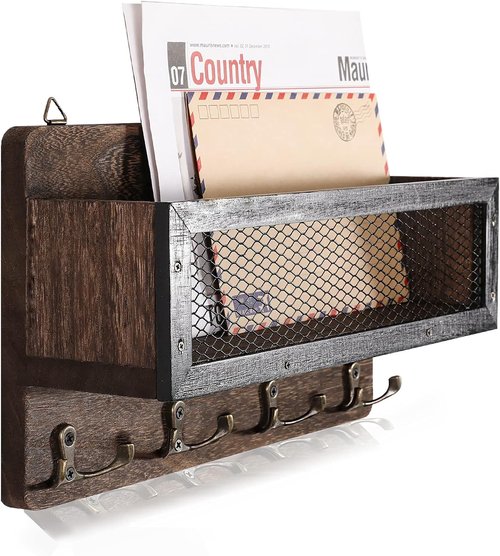 ADIIL Wooden Wall Mount Key Holder - Rustic Key Rack Organizer with 4 Double Hooks | Brown Entryway Decor