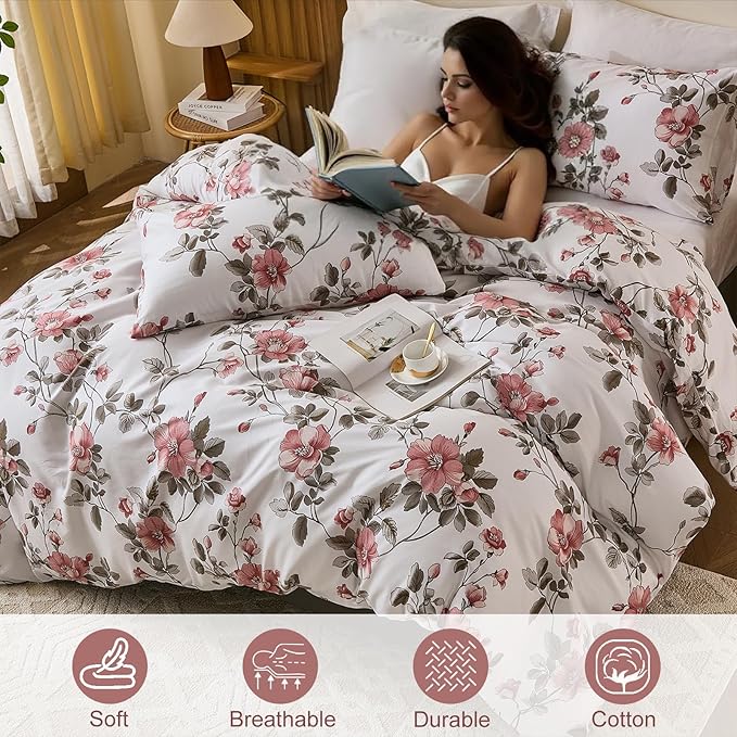 Bedding_Dreamer Floral Comforter Set 100% Cotton Comforter Sets Queen 3pcs Vintage Boho Floral Bedding Ultra Fluffy Soft Reversible Lightweight All Seasons Bedding Set Cottagecore Botanical Comforters