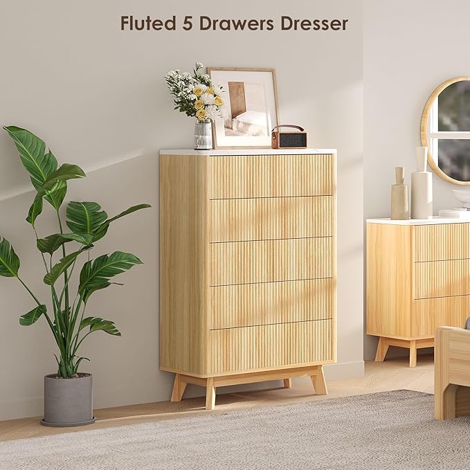 Fluted 5 Drawers Dresser for Bedroom, 47" Tall Handleless Chest of Drawers with Faux Marble Top, Curved Profile Design, Wood Drawer Organizerfor forLiving Room, Hallway, Entryway, Natural Oak