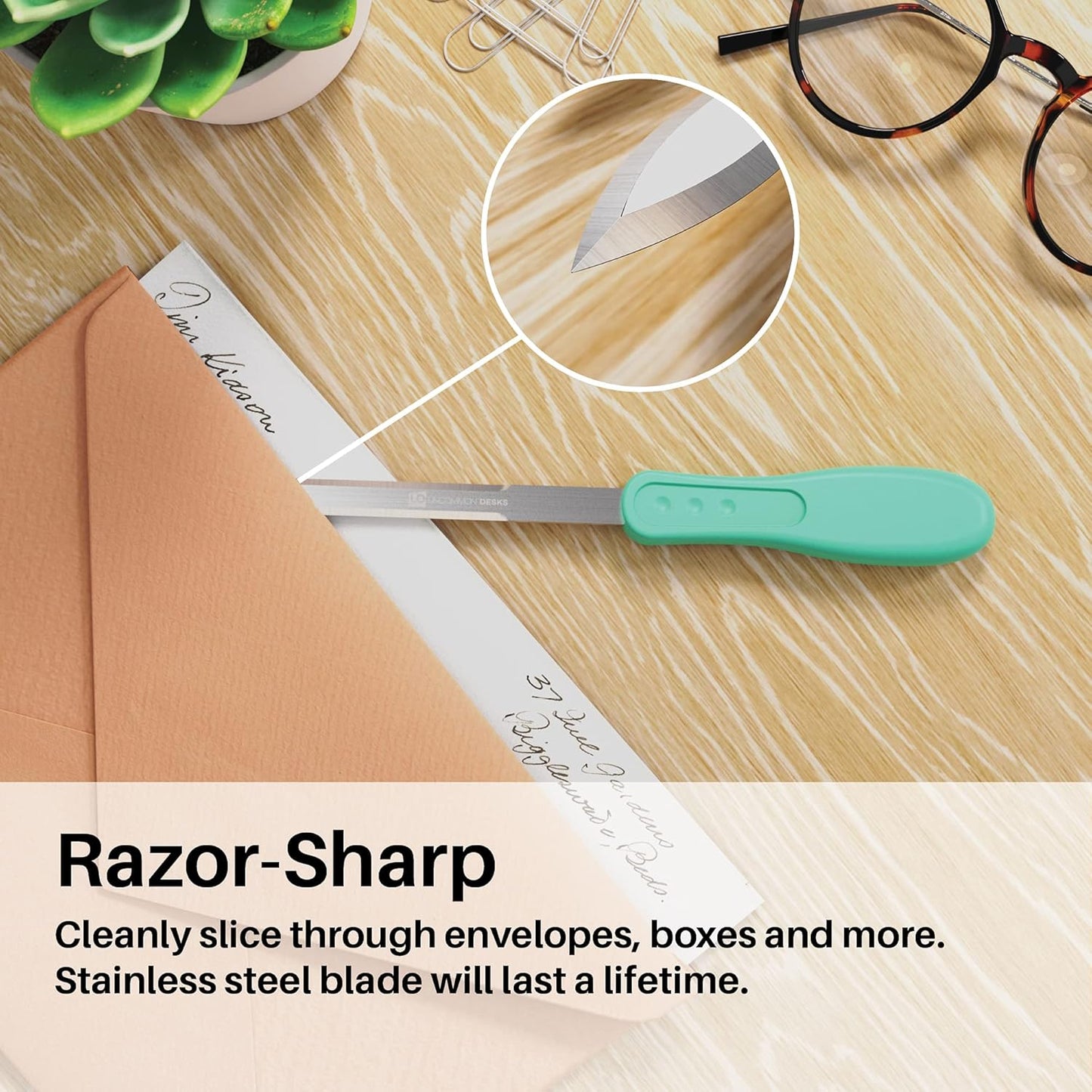 Uncommon Desks Letter Opener - Ergonomic Stainless Steel Knife-Edge Blade | 6 Mixed Colors