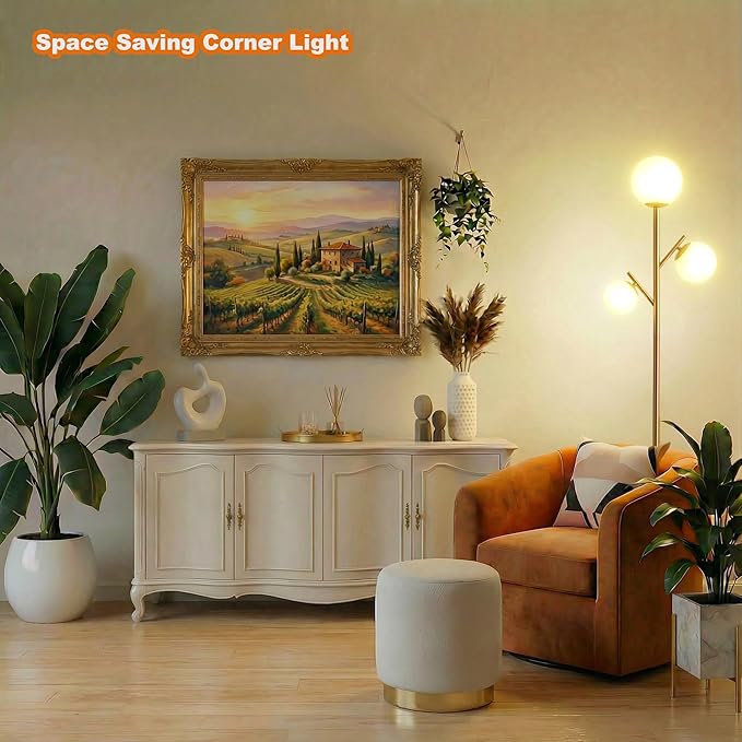 Fiqevs 3 Globe Mid Century Floor Lamp, Vintage Standing Lamp with 3 LED Bulbs & Sphere Frosted Glass Shades, Modern Gold Tree Floor Lamp for Living Room, Bedroom, Office