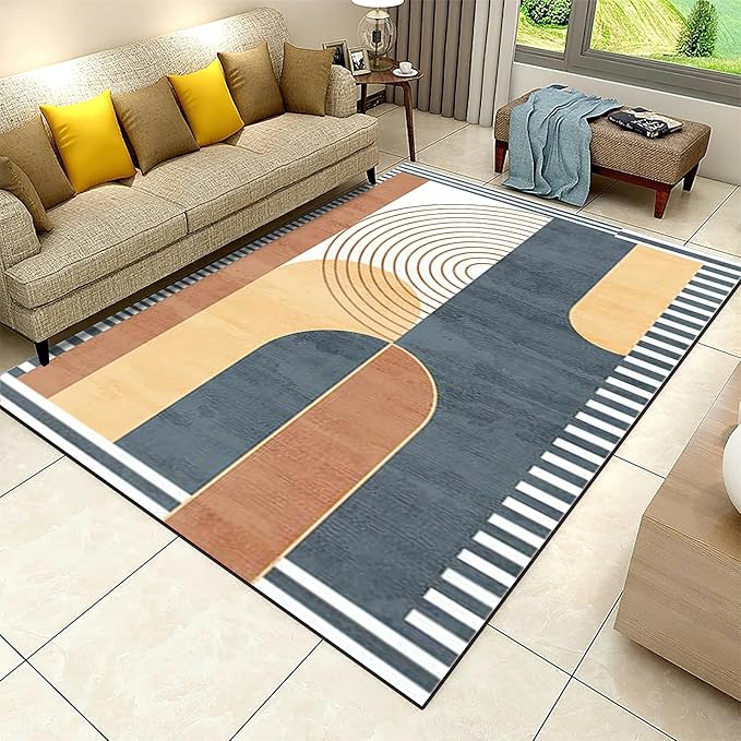 Vintage Modern Mid Century Area Rug, Abstract Geometric Irregular Stripes Non Slip Bedroom Rugs, Breathable Durable Carpet for Indoor Study Living Room Office Decor Rug - 6 ft x 8 ft