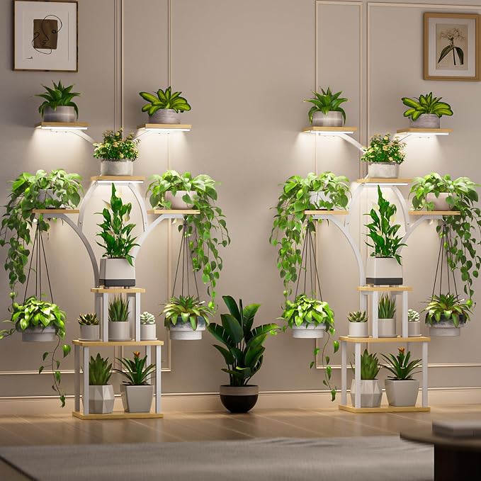 Elbourn 8 Tiered 60" Plant Stand Indoor Shelf with 3 Grow Lights (White) | Corner Shelf Decor