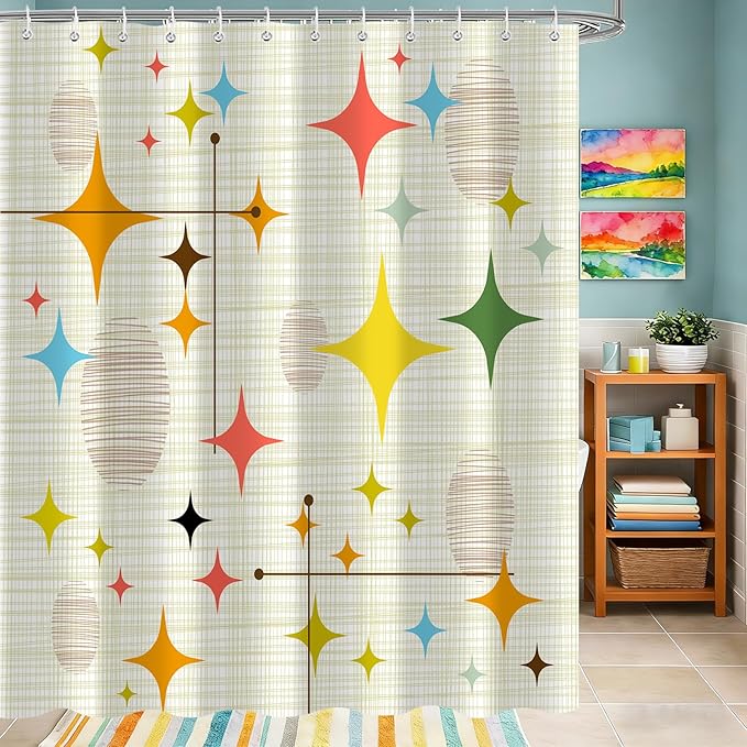 Mid Century Shower Curtain for Bathroom, Retro Stars Abstract Decorative Art Style Restroom Restroom Bath Curtain, Polyester Fabric Waterproof Bath Curtains 72x72 Inch with 12 Hooks
