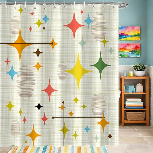Mid Century Shower Curtain for Bathroom, Retro Stars Abstract Decorative Art Style Restroom Restroom Bath Curtain, Polyester Fabric Waterproof Bath Curtains 72x72 Inch with 12 Hooks