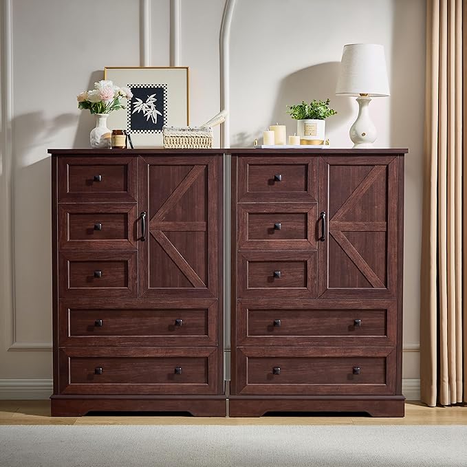 SOOWERY Dresser for Bedroom, Farmhouse Dresser with 5 Wooden Drawers and Storage Cabinet, 48 Inches Tall Chest of Drawers for Bedroom, Living Room, Hallway, Dark Cherry