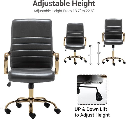 BTEXPERT Executive Chair - Gray Faux Leather with Golden Arms & Lumbar Support | High Back Desk Armchair