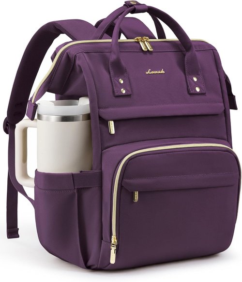 LOVEVOOK Laptop Backpack - Waterproof Travel Purse with Tumbler Holder | 18-Inch Rose Purple Design