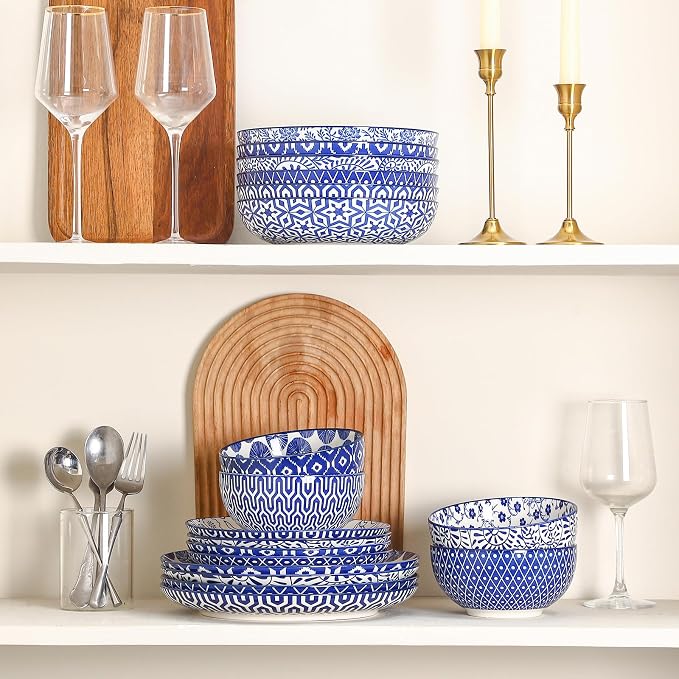 Selamica Ceramic Plates and Bowls Sets,24 Pieces Dinnerware Sets for 6,Scratch Resistant Dish Set for holiday gathering, Dishwasher & Microwave Safe, Vintage Blue