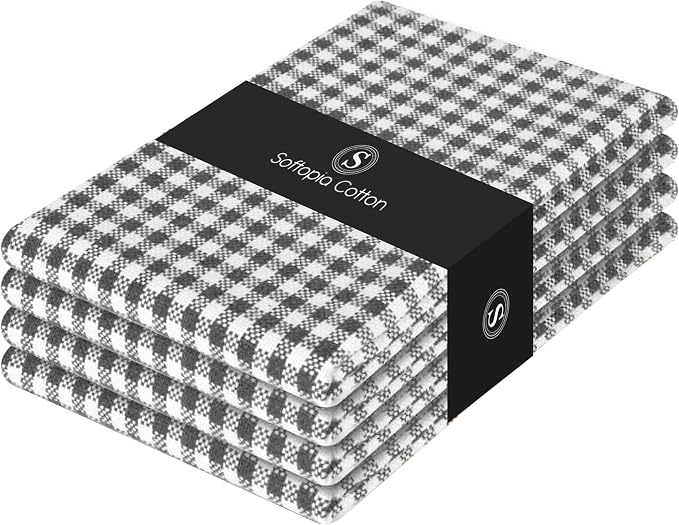 4 Pack Gingham Check Kitchen Dish Towels 16x26 Inches, Absorbent & Durable, Washable, Hand Tea Towels with Hanging Loop - Ideal for Restaurants & Home Kitchens, Grey White