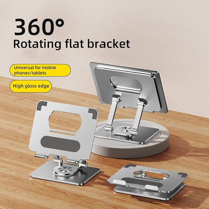iPad Holder Stand, Tablet Holder with Thickened 360° Rotating Base Dual Rod Adjustable Aluminum Stand for All 4-12.9’’ iPad Surface Samsung Phone Tablet Kindle E-Reader and More, Silver