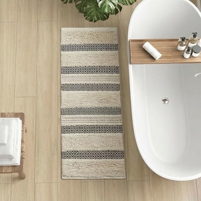 INK+IVY Bath Rug Hand-Woven Texture Shaggy Striped Soft & Water Absorbent, Boho Bathroom Décor Bath-Mats, Non-Slip Absorbent Quick Dry Mats for Tub, Shower Room, Asher, 22x58, Black 1 Piece
