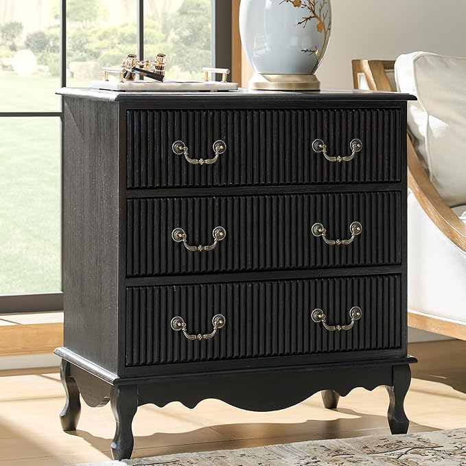 HULALA HOME Transitional Side Table with 3 Drawers and Charging Station, 28" Solid Paulownia Wood Sidetable with Vertical Stripe, Charcoal