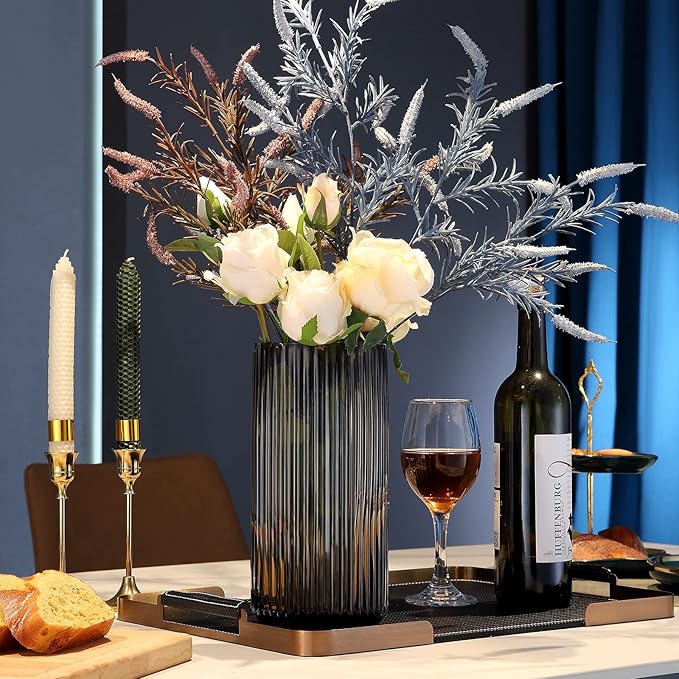 Large Cylinder Ribbed Brown Glass Flower Vase for Farmhouse Dining Table Centerpieces Decor