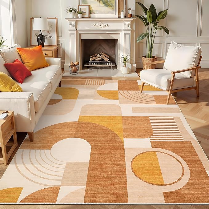 CAROMIO 9x12 Area Rug for Living Room Washable, Boho Geometric Large Bedroom Rugs Soft Low Pile Non-Slip Indoor Rugs for Playroom Dining Room Dorm Girls, Orange Multi, 9'x12'