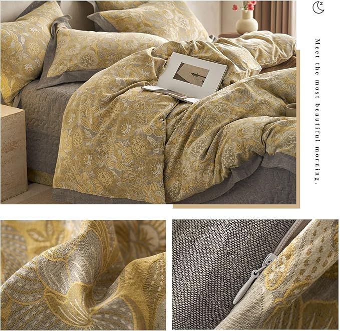 VM VOUGEMARKET Yellow Flower Duvet Cover Queen,3 Pieces Retro Jacquard Golden Floral Bedding Set,Linen Cotton Yarn-Dyed Textured Duvet Cover with Zipper Closure