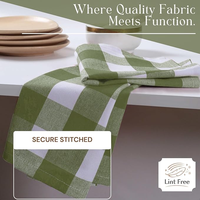 Mint Green and White Buffalo Check Kitchen Towels, 16x26 Inches, 4 Pack, 100% Cotton Dish Cloths, Reusable Hand Towels for Drying Glassware, Cleaning Spills, Farmhouse Plaid Towel