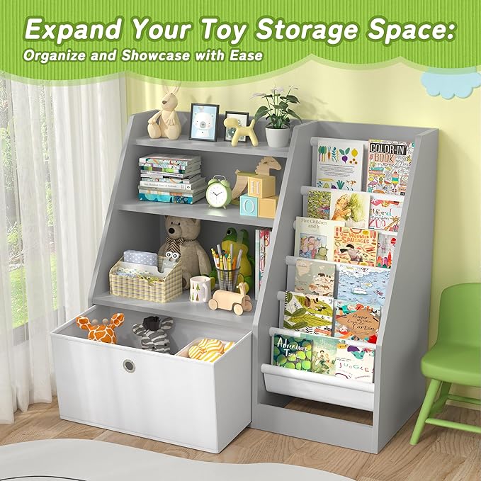 TOETOL Kids Bookshelf,Book Storage Organizer,6 Sling Toddler Wooden Book Shelf,3-Tier Kids Bookcase for Bedroom,Livingroom,Playroom,Nursery-Grey