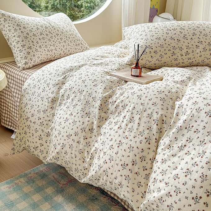 LifeTB 100% Cotton Muslin Duvet Cover Twin Size Vintage Botanical Floral Duvet Cover Ultra Soft Flower Comforter Cover Lightweight Soft Breathable Gauze Bedding Comforter Cover with 2 Pillowcases