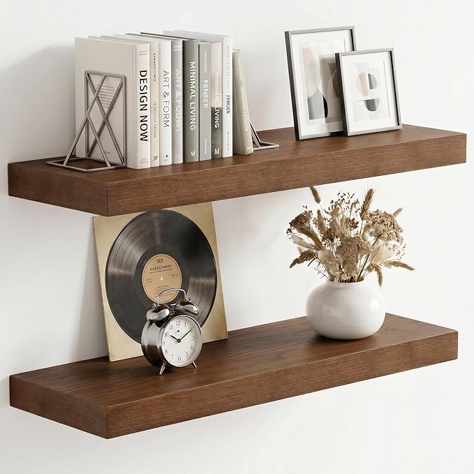 fuqing 20 Inch Floating Shelves | 6.7 Inch Deep Dark Wood Floating Shelves for Wall Set of 2 | 20''W x 6.7''D x 1.4''H Dark Wood Shelves for Living Room Bathroom Bedroom Kitchen Home Office