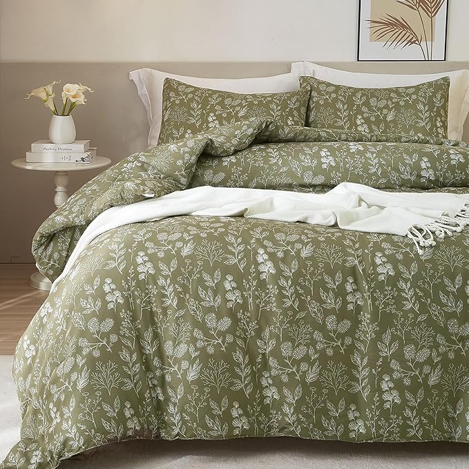 HighBuy Floral Duvet Cover King Olive Green Floral Botanical Bedding Comforter Cover King Women Girls Garden Style Bedding Set Boho Chic Duvet Cover with 2 Pillowcases,All Season
