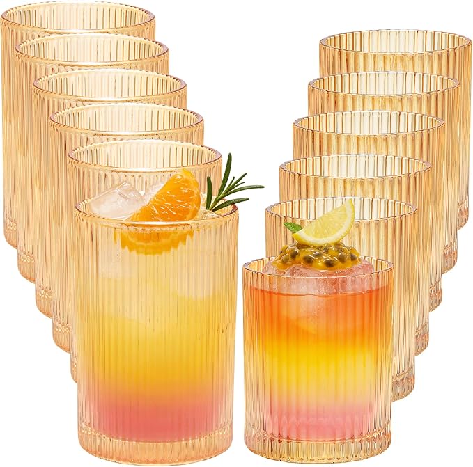 14 oz & 18 oz Ribbed Drinking Glasses Set of 12, Vintage Iced Coffee Cups Elegant Glassware, Highball Glass Cups Ridged Glass Tumbler for Cocktail, Whiskey, Beer, Water, Juice, Origami Style Amber