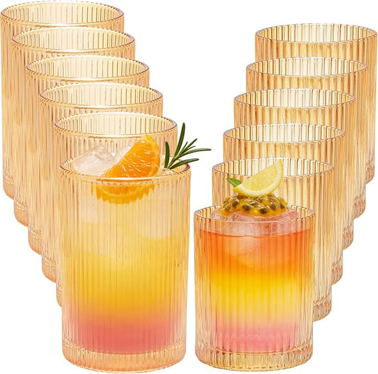 14 oz & 18 oz Ribbed Drinking Glasses Set of 12, Vintage Iced Coffee Cups Elegant Glassware, Highball Glass Cups Ridged Glass Tumbler for Cocktail, Whiskey, Beer, Water, Juice, Origami Style Amber