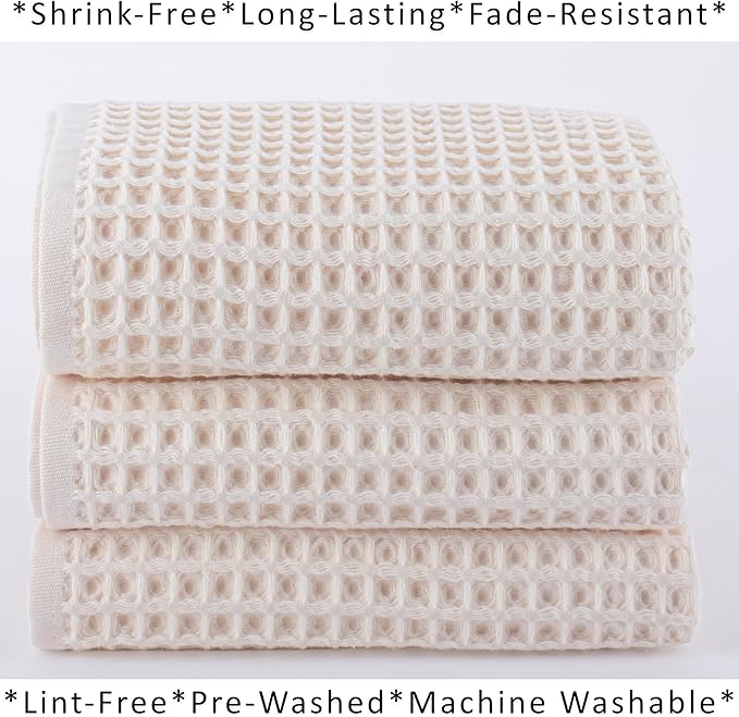 PÜSKÜL Organic Waffle Kitchen Towel Pure 100% Turkish Cotton Set of 3 Natural Raw-Undyed Towel - Premium Quality Soft Quick-Dry Absorbent Lint-Free Hand & Dish Towels Large 32X16 (3, Natural Beige)