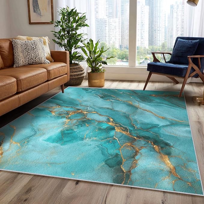 Turquoise Marble Abstract Area Rug, Blue Gold Pattern Carpet, Washable Non Slip Low Pile Soft Thin, Living Room Bedroom Home Decor Mat 5x7ft