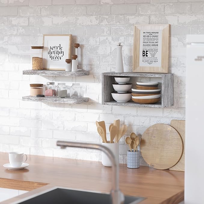 RICHER HOUSE Floating Shelves Set of 3, Farmhouse Bathroom Wall Mounted Shelves with Invisible Brackets Over Toilet, Wall Shelves for Bathroom Bedroom, Living Room, Kitchen - Rustic White