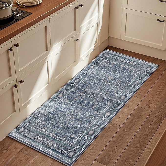 OPPODREAM Vintage Blue 2x6 Runner Rug, 2 x 6 Retro Washable Rug Non Slip, Low-Pile Faux Wool Carpet, Distressed Navy Floor Mat for Kitchen, Hallway, Entry-Way, Entrance, Indoor Back Door