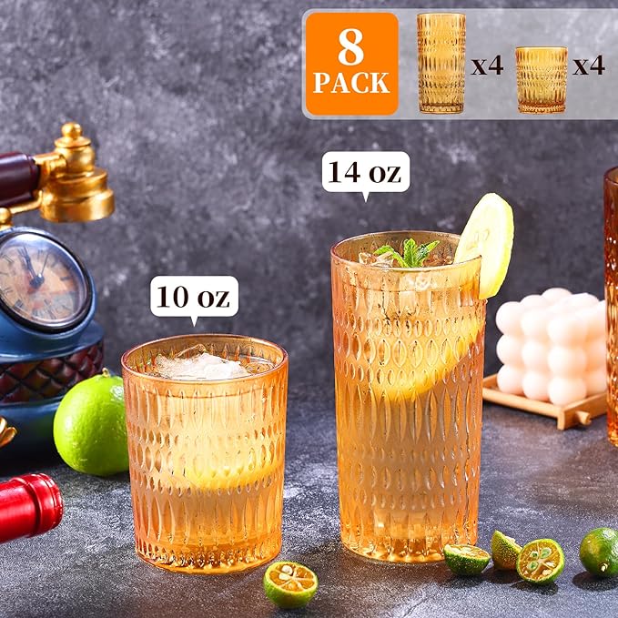 Loivttvv Glassware Drinking Glasses Set of 8, 14 oz Highball Glasses & 10 oz Ribbed Glass Cups, Vintage Glassware for Water, Juice, Cocktail (Thanksgiving Amber)