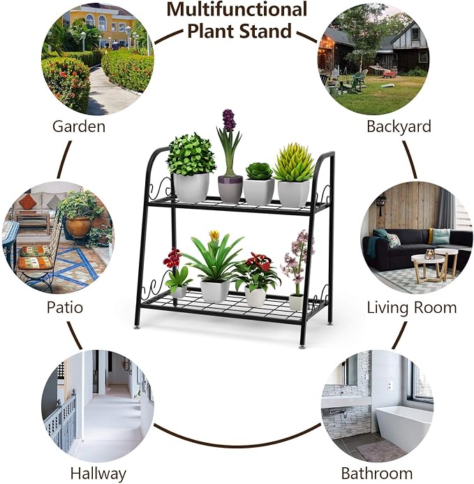 Giantex 2 Tier Metal Plant Stand, Indoor Outdoor Plant Shelf, Flower Rack Display Shelf, Flower Pots Holder with Adjustable Feet for Garden, Balcony, Living Room (2-tier (25'' x 12'' x 24.5''))