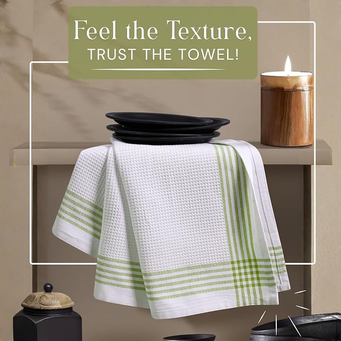 Waffle White & Lemon Green 12 Pack Kitchen Towels, 100% Cotton, 16x26 inches, Everyday Use Dish Cloths Set, Durable and Absorbent Hand Towel, Ideal for Drying Dishes, DIY Embroidery