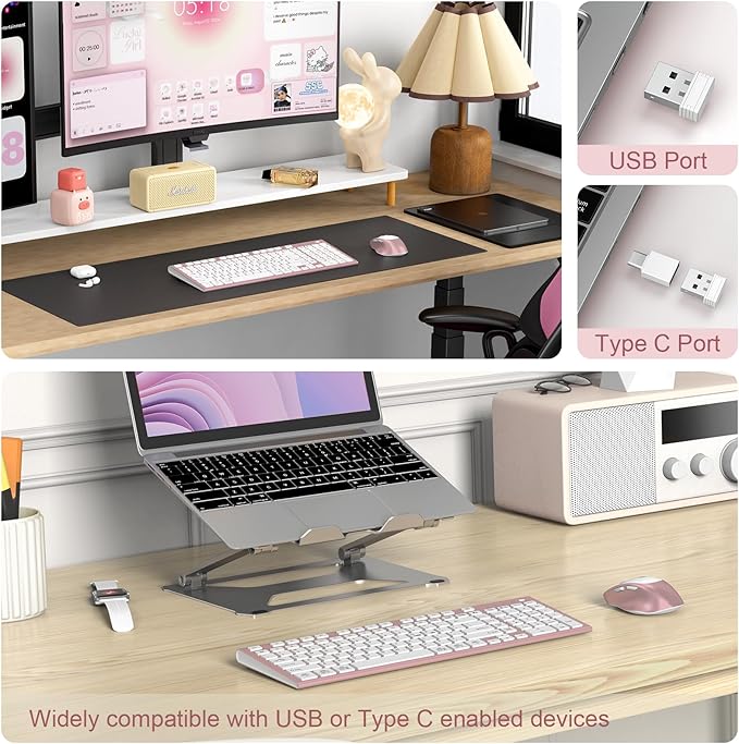 FENIFOX Wireless Keyboard and Mouse, Rechargeable USB C Combo Silent Quiet Compact Full Size Flat with Number Pad Soft Cover for Mac MacBook iMac Windows PC Laptop Computer Office - Pink & Rose Gold