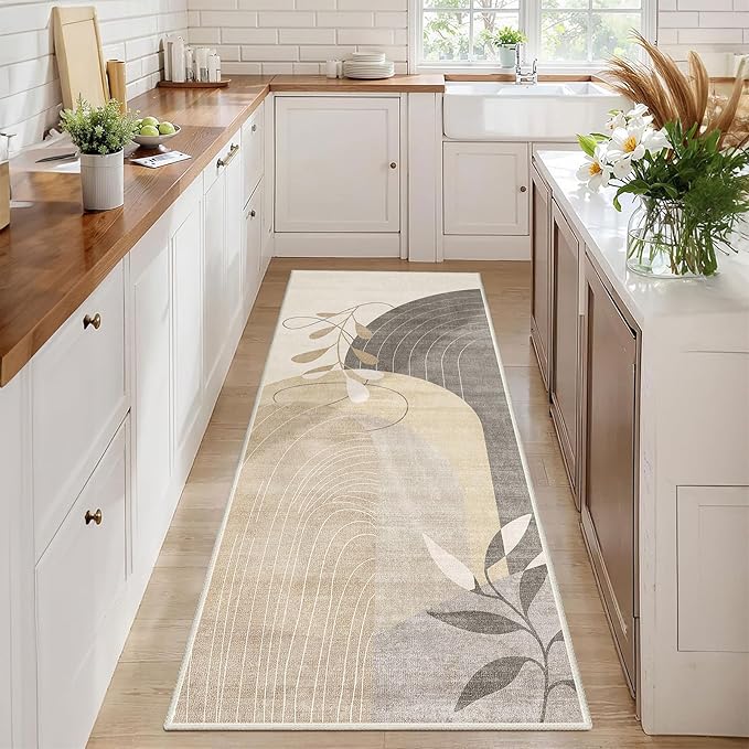 MUJOO Washable 2x6 Runner Rugs for Kitchen Hallway Bedside Bathroom Laundry Room Bedroom,Boho Long Area Rug Non Slip Carpet Throw Rug Mid Century Modern Abstract Botanical Geometric Neutral Beige