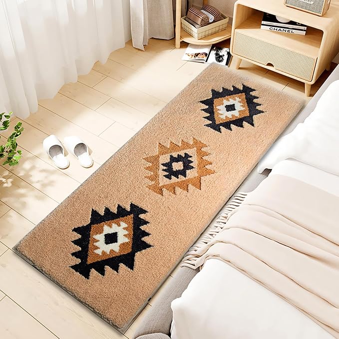 Boho Bathroom Rugs Runner 60x24 Inch Accent Long Non Slip Bohemian Area Runner Rug for Bathroom Tub Kitchen Entryway Laundry Bedroom Washable Bedside Rug Hallway Rug, Camel
