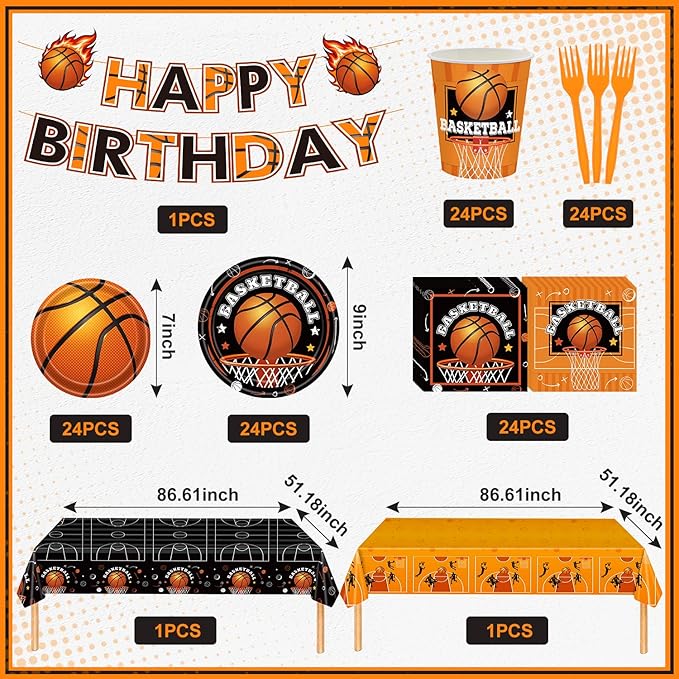 123 PCS Basketball Party Decorations, Disposable Tableware with Plates Cups Napkins Banner Tablecloth for Thanksgiving Christmas Basketball Birthday Party Decor Supplies, Serves 24 Guest
