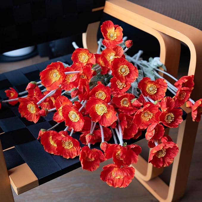 Artificial Flowers 6 Stems Poppy Silk Bouquet,for Wedding, Home, Party Decoration,Table Centerpiece Arrangement(Dark Orange)