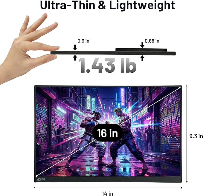 AXM 16" 2.5K Portable Monitor 2.5k QHD IPS 120Hz Adaptive Sync HDR Flicker-Free 400 Nits 100% DCI-P3 USB-C HDMI Gaming & Travel for Laptop Compatible with Windows, MacBook, Phone, Switch, Xbox PS4/5
