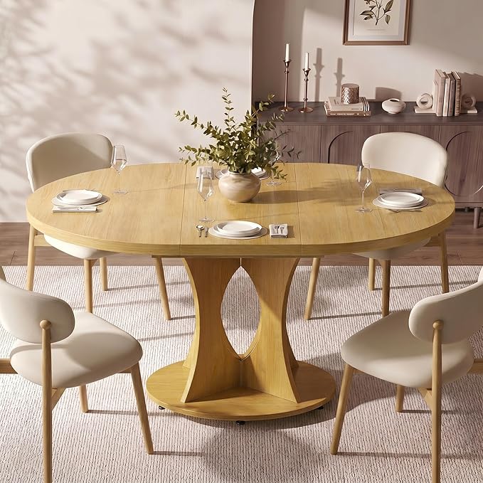 Einhomn 43-59" Extendable Round Dining Table, Kitchen Table for 4-8, Farmhouse Circle Dining Room Table with Removable Leaves,Hidden Storage, Space Saving Wood Kitchen & Dining Room Furniture, Oak