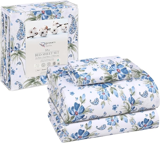 RUVANTI 100% Cotton Twin XL Sheet Sets, 3 Pieces, Soft & Breathable Percale Weave Bedding, Deep Pocket 16", Hotel Standard, Crisp Cool Feel, Durable, Perfect Size Floral Sheets, Paislyona