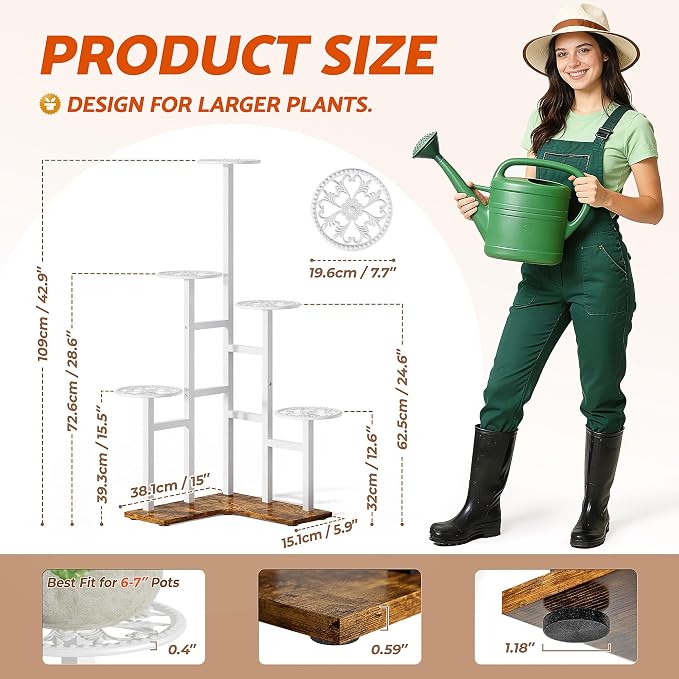 6 Tier Plant Stand Indoor Outdoor, Tall Metal Wood Shelf Tiered Planter Display Shelving Unit for Living Room Bedroom Balcony
