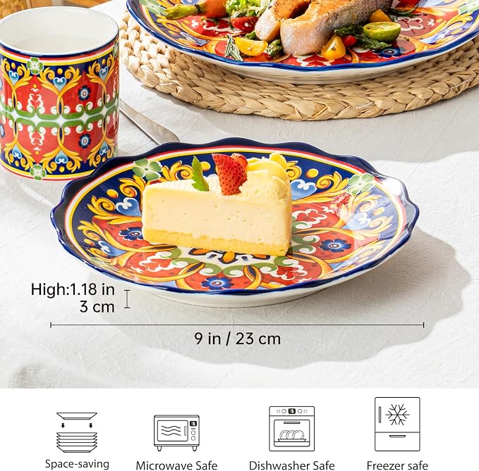 UNICASA Ceramic Dessert Plate Set of 4, 9 Inch Snack Plates with Scalloped Edges – Serving Dishes for Salad, Cake, Cheese, Vibrant Boho Decoration, Microwave & Dishwasher Safe